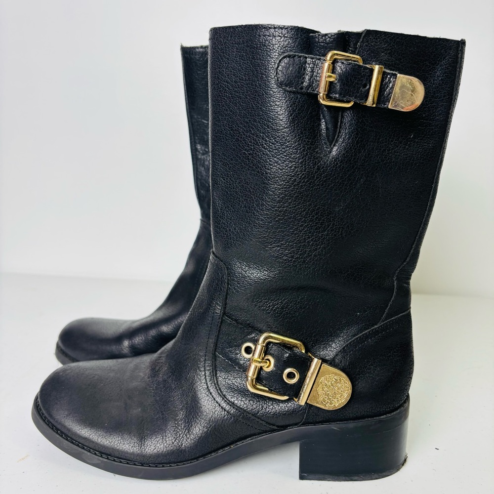 Vince Camuto VV-Wexle Black Leather Boots with Gold Buckles
